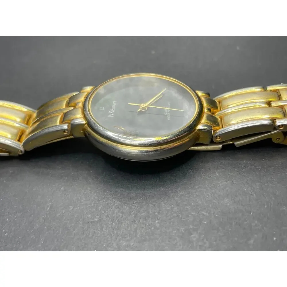 Vintage NK Ermani Quartz Men's Watch Gold Tone Black Dial 35mm Water Resistant